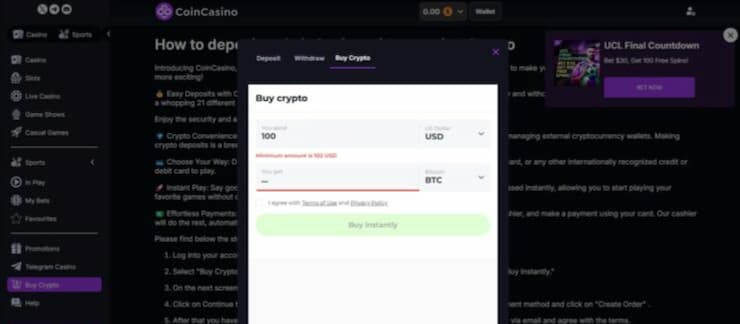 A screenshot of buying crypto at coincasino crypto Casino site